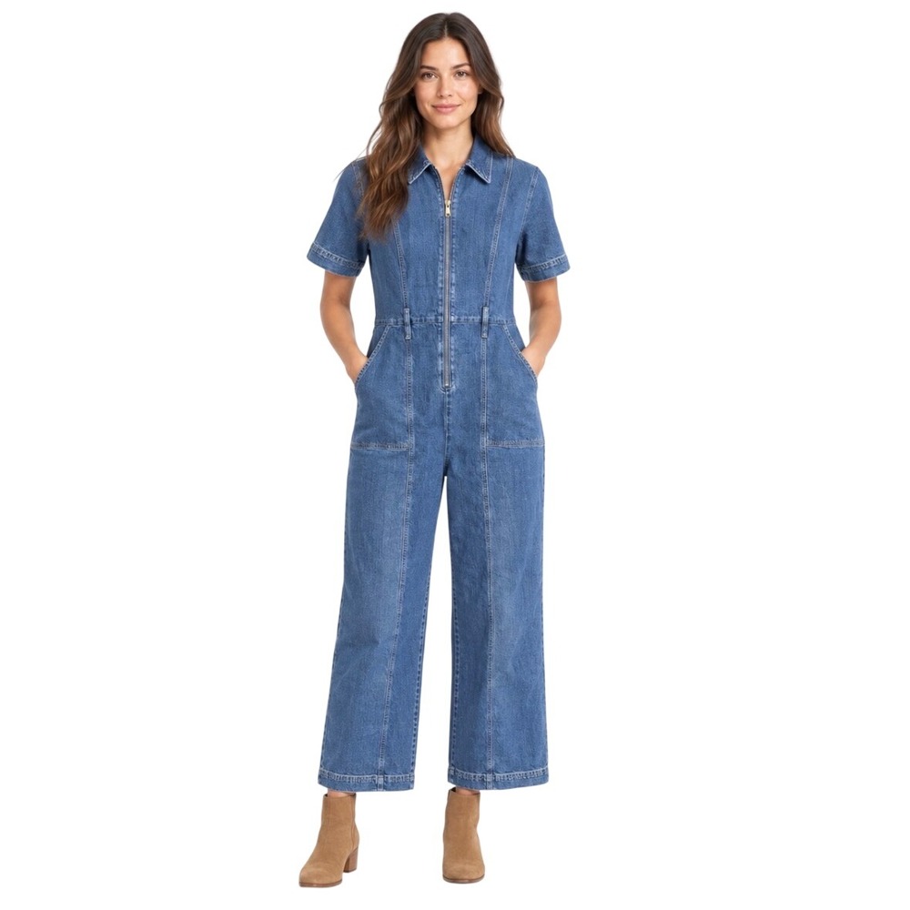 NWT Boden D1337 MDN Denim Jumpsuit Blue Short Sleeve Zip Front Wide Leg 8P